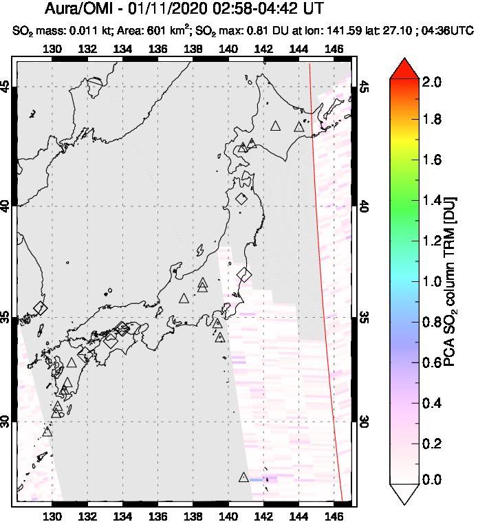 A sulfur dioxide image over Japan on Jan 11, 2020.