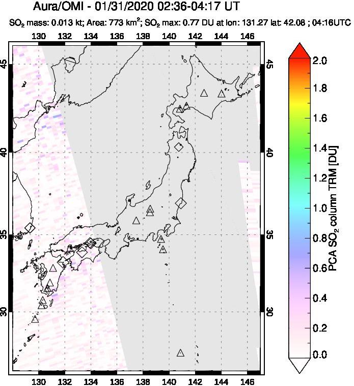 A sulfur dioxide image over Japan on Jan 31, 2020.