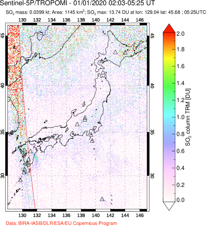 A sulfur dioxide image over Japan on Jan 01, 2020.