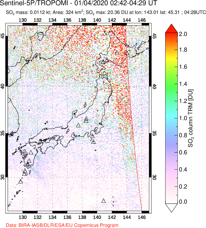 A sulfur dioxide image over Japan on Jan 04, 2020.