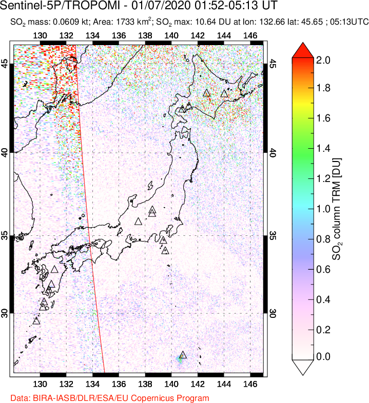 A sulfur dioxide image over Japan on Jan 07, 2020.
