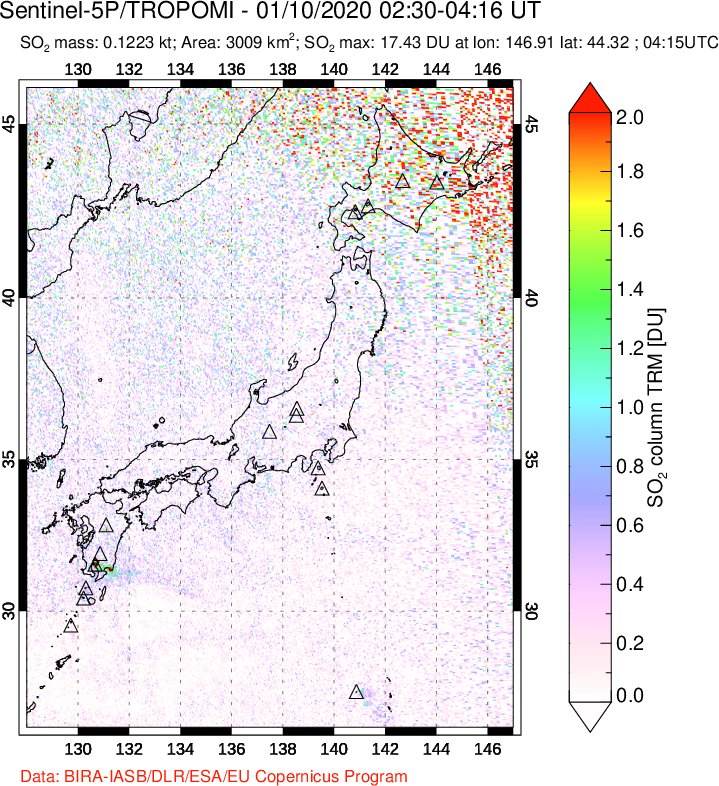 A sulfur dioxide image over Japan on Jan 10, 2020.