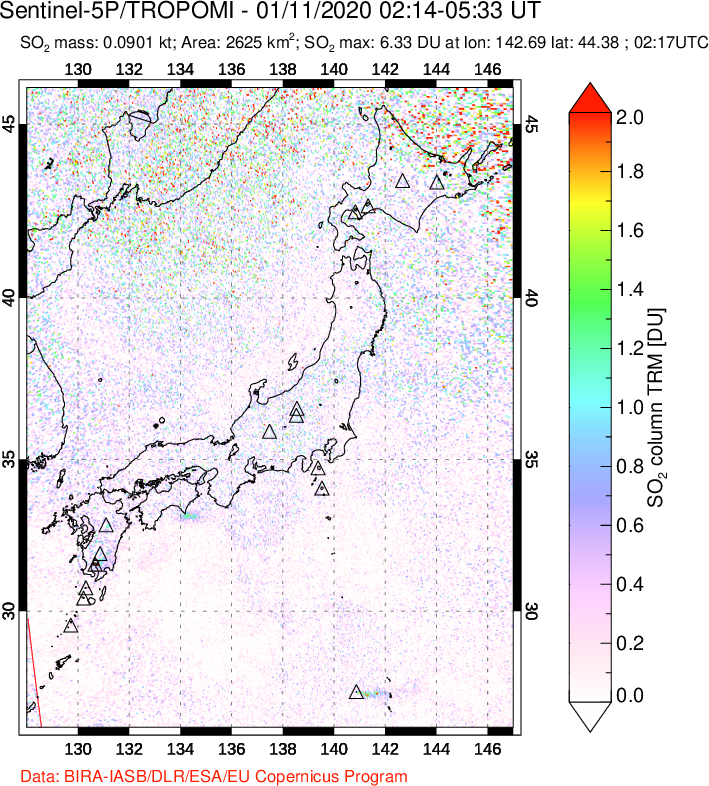 A sulfur dioxide image over Japan on Jan 11, 2020.