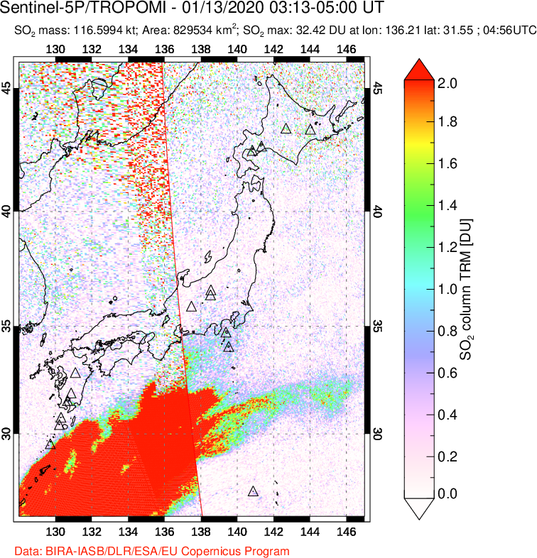 A sulfur dioxide image over Japan on Jan 13, 2020.