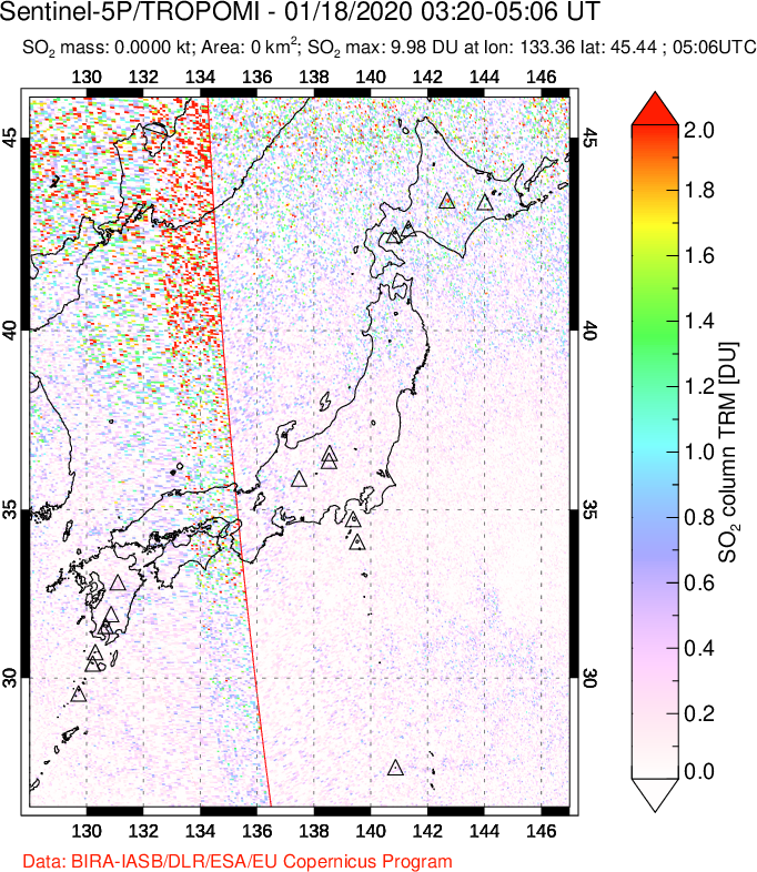 A sulfur dioxide image over Japan on Jan 18, 2020.