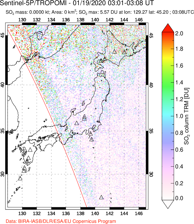 A sulfur dioxide image over Japan on Jan 19, 2020.