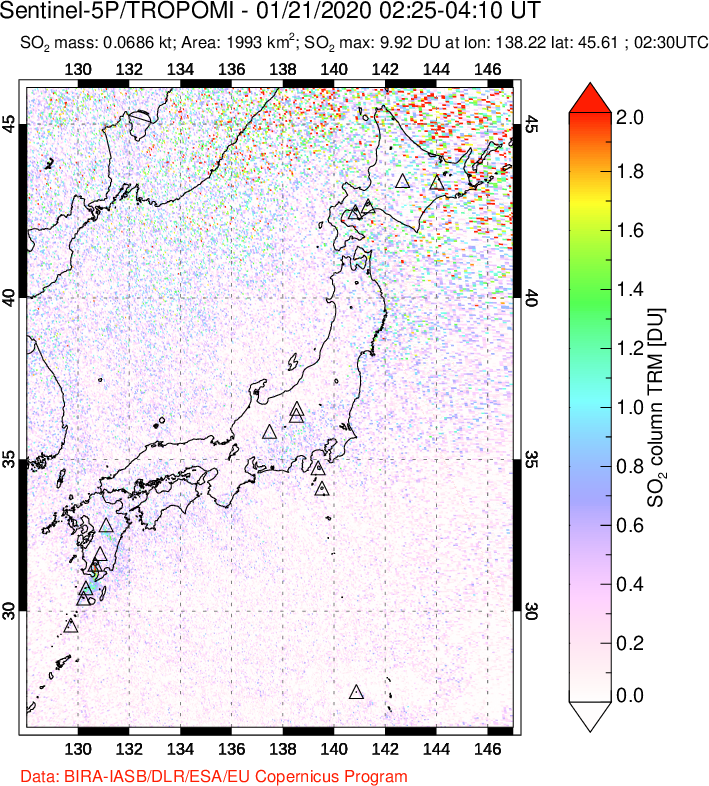 A sulfur dioxide image over Japan on Jan 21, 2020.