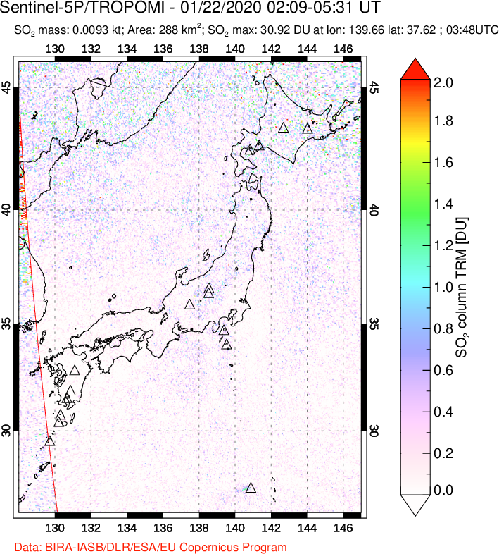 A sulfur dioxide image over Japan on Jan 22, 2020.