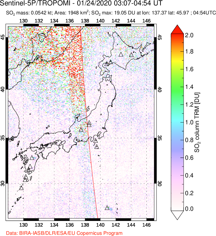 A sulfur dioxide image over Japan on Jan 24, 2020.