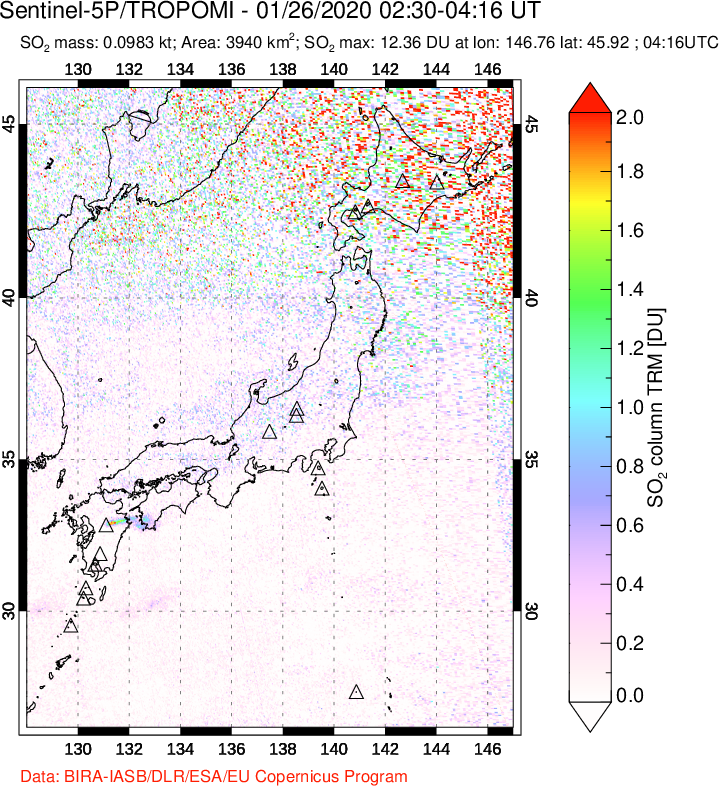 A sulfur dioxide image over Japan on Jan 26, 2020.