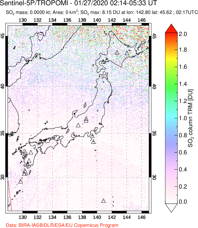 A sulfur dioxide image over Japan on Jan 27, 2020.