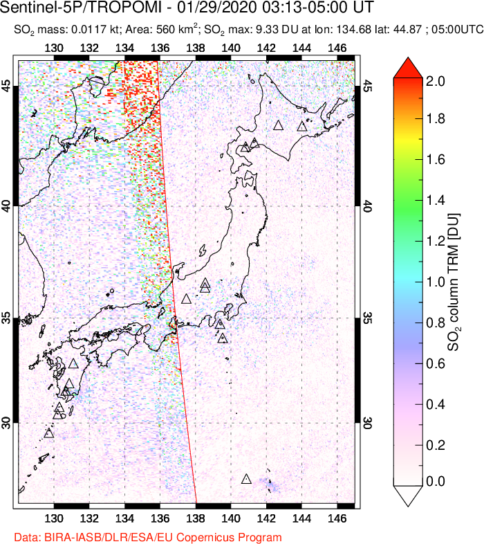 A sulfur dioxide image over Japan on Jan 29, 2020.