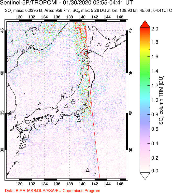 A sulfur dioxide image over Japan on Jan 30, 2020.