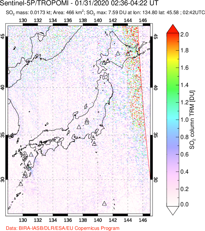A sulfur dioxide image over Japan on Jan 31, 2020.