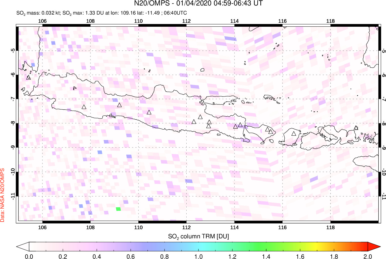 A sulfur dioxide image over Java, Indonesia on Jan 04, 2020.