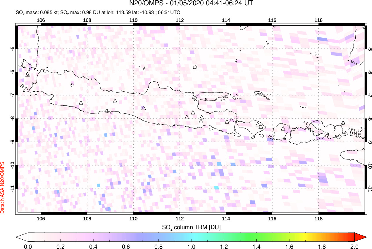 A sulfur dioxide image over Java, Indonesia on Jan 05, 2020.