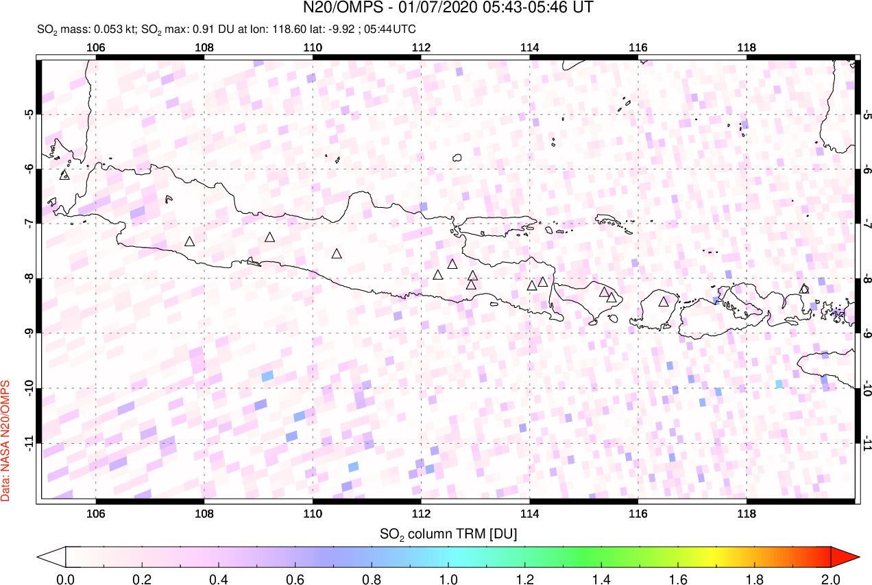 A sulfur dioxide image over Java, Indonesia on Jan 07, 2020.