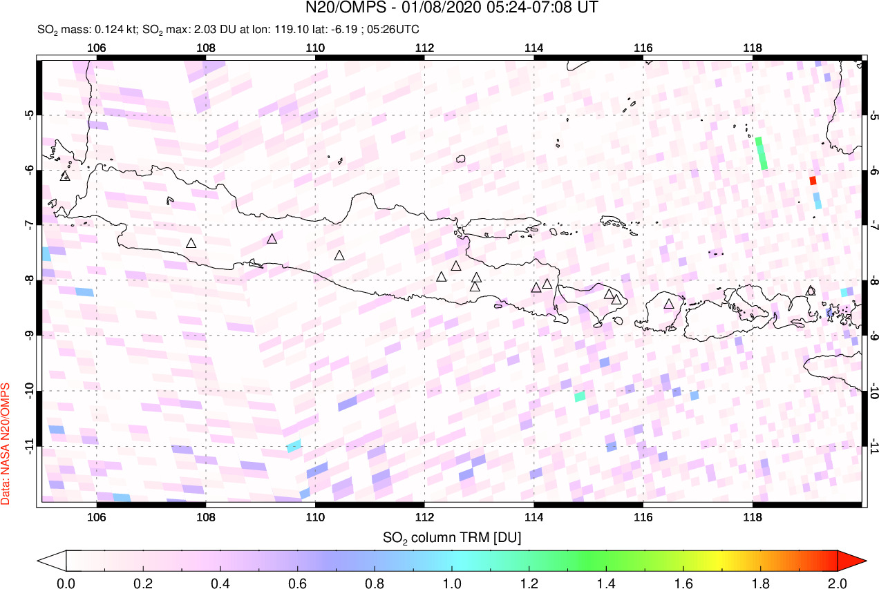 A sulfur dioxide image over Java, Indonesia on Jan 08, 2020.