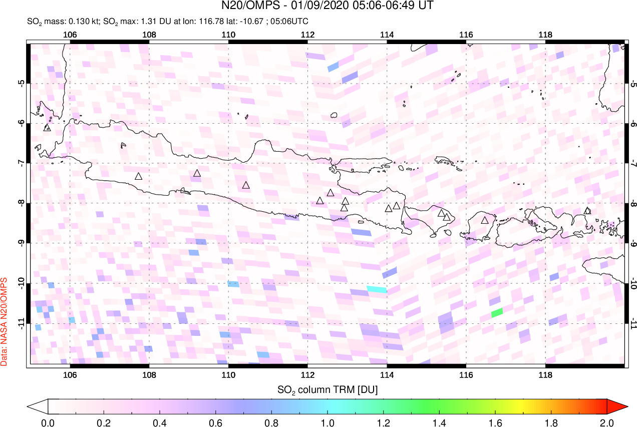 A sulfur dioxide image over Java, Indonesia on Jan 09, 2020.