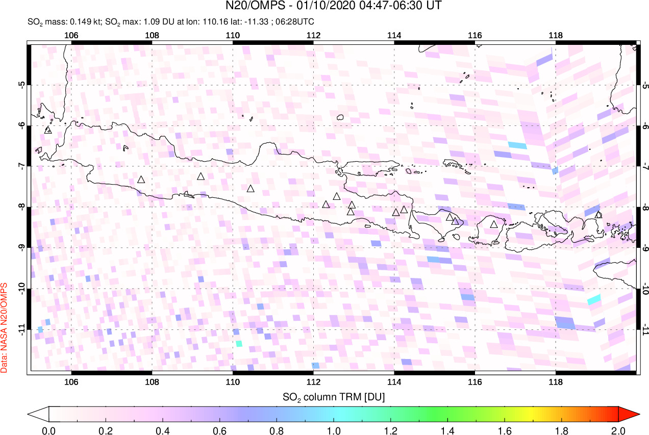 A sulfur dioxide image over Java, Indonesia on Jan 10, 2020.