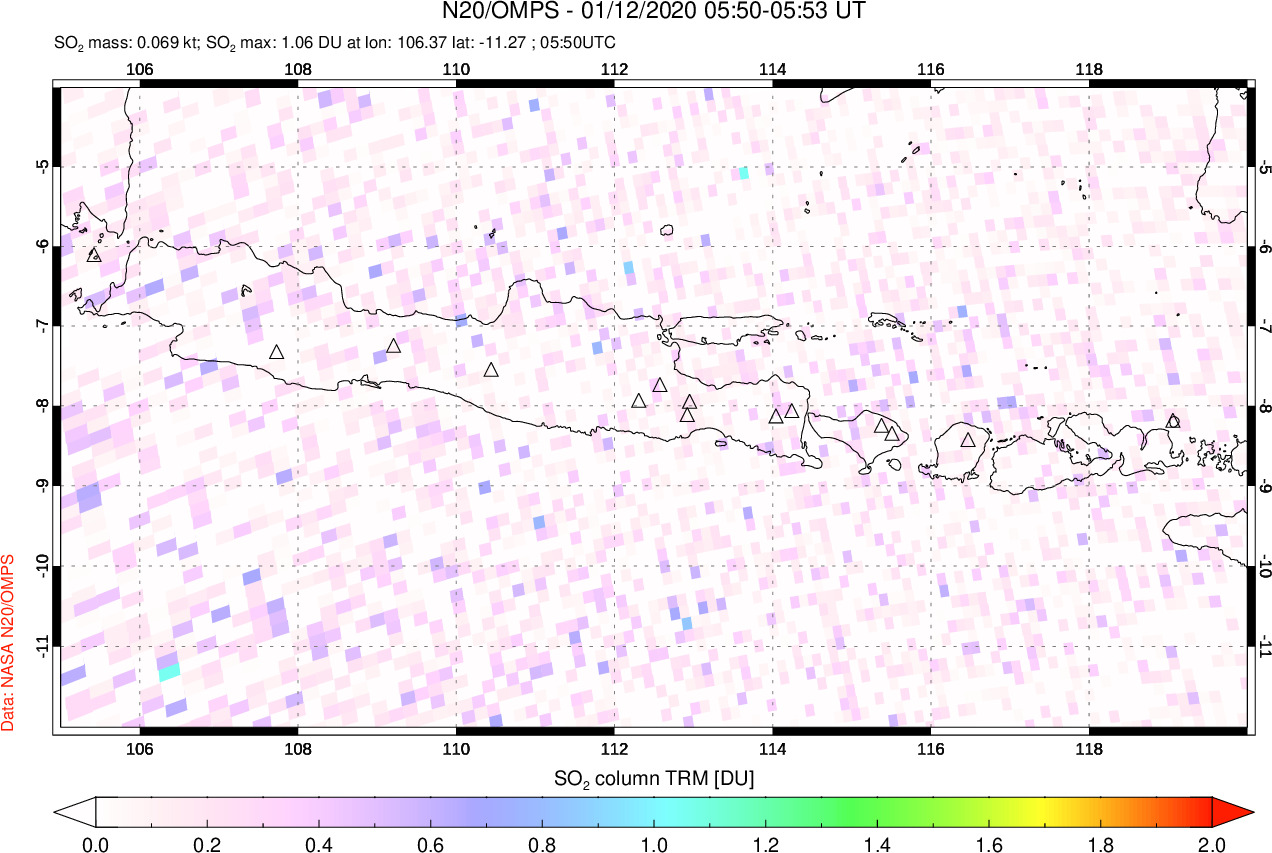 A sulfur dioxide image over Java, Indonesia on Jan 12, 2020.