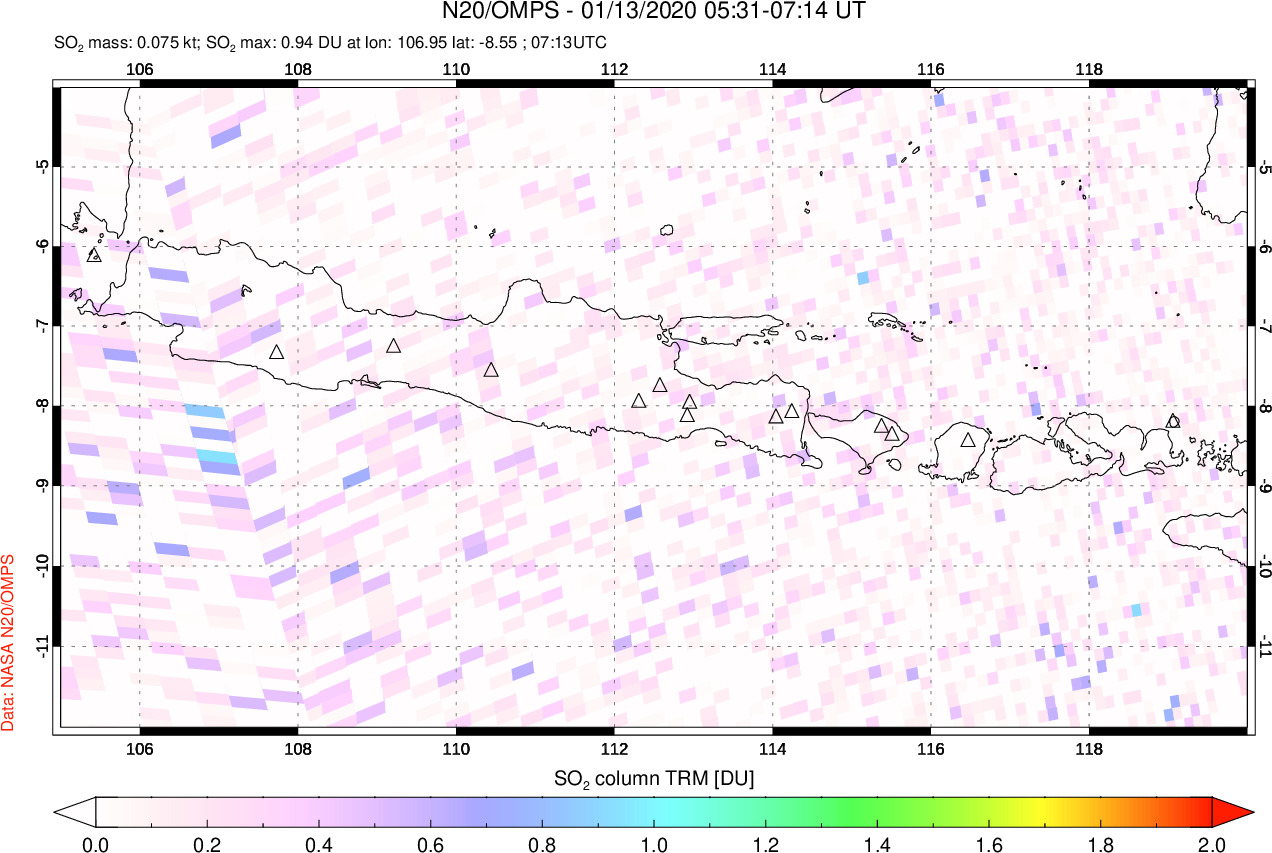 A sulfur dioxide image over Java, Indonesia on Jan 13, 2020.