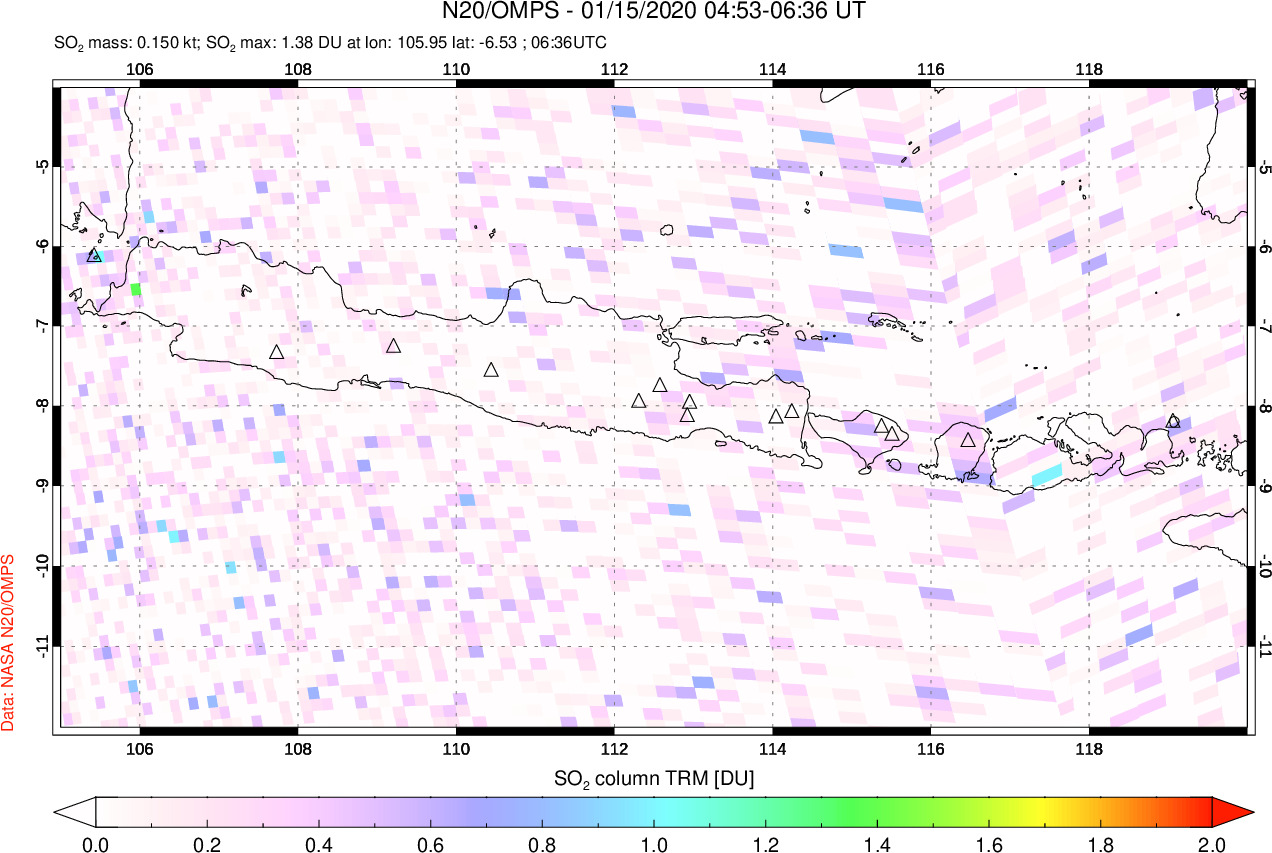 A sulfur dioxide image over Java, Indonesia on Jan 15, 2020.
