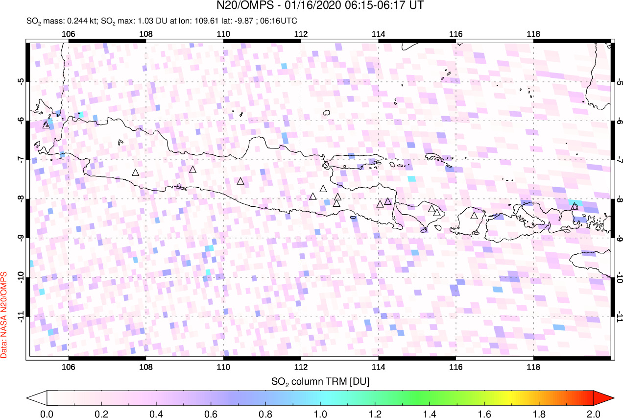 A sulfur dioxide image over Java, Indonesia on Jan 16, 2020.