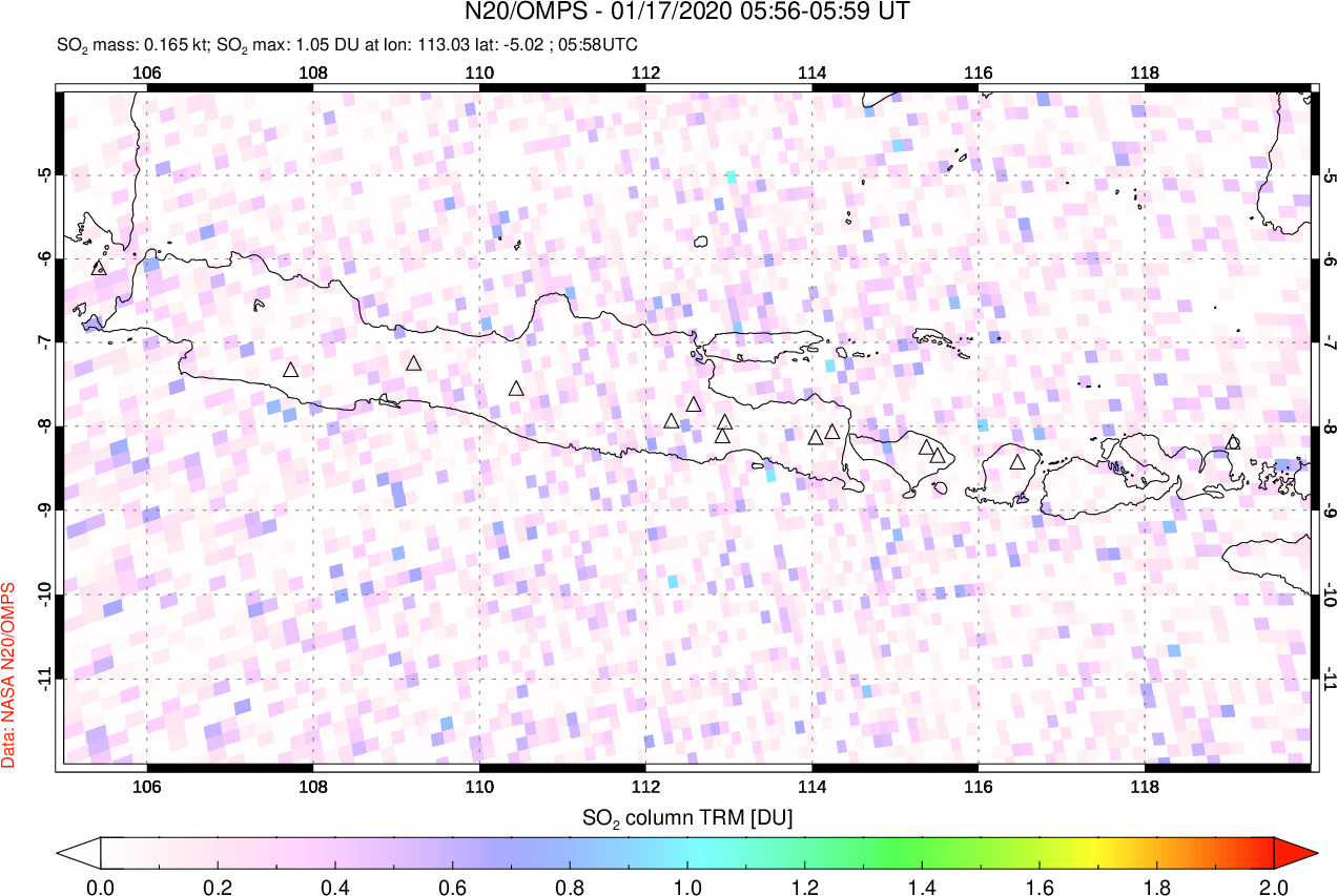 A sulfur dioxide image over Java, Indonesia on Jan 17, 2020.