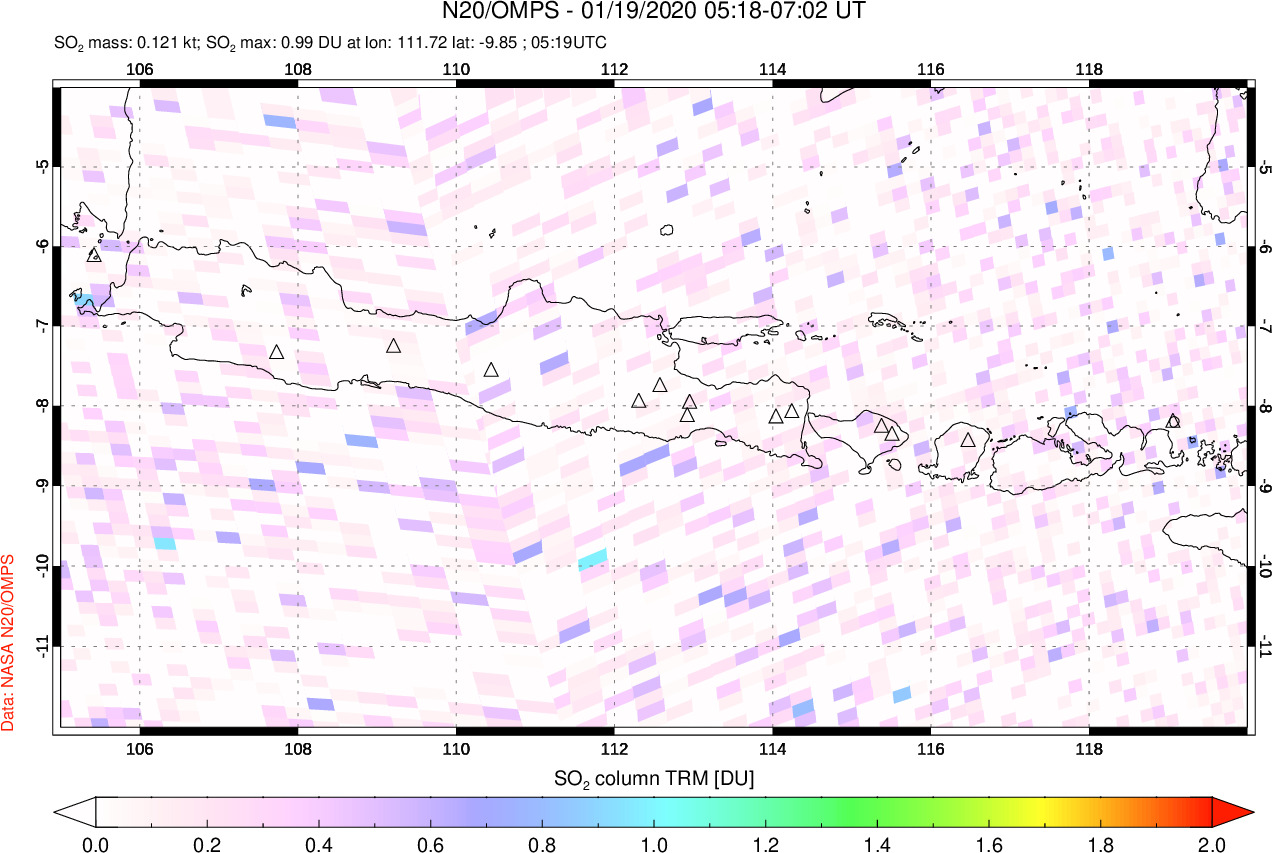 A sulfur dioxide image over Java, Indonesia on Jan 19, 2020.