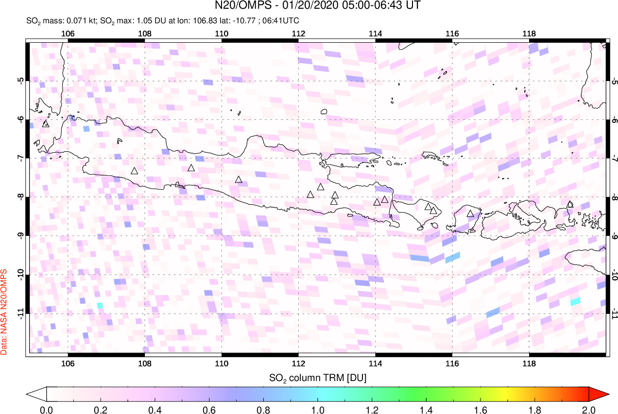 A sulfur dioxide image over Java, Indonesia on Jan 20, 2020.