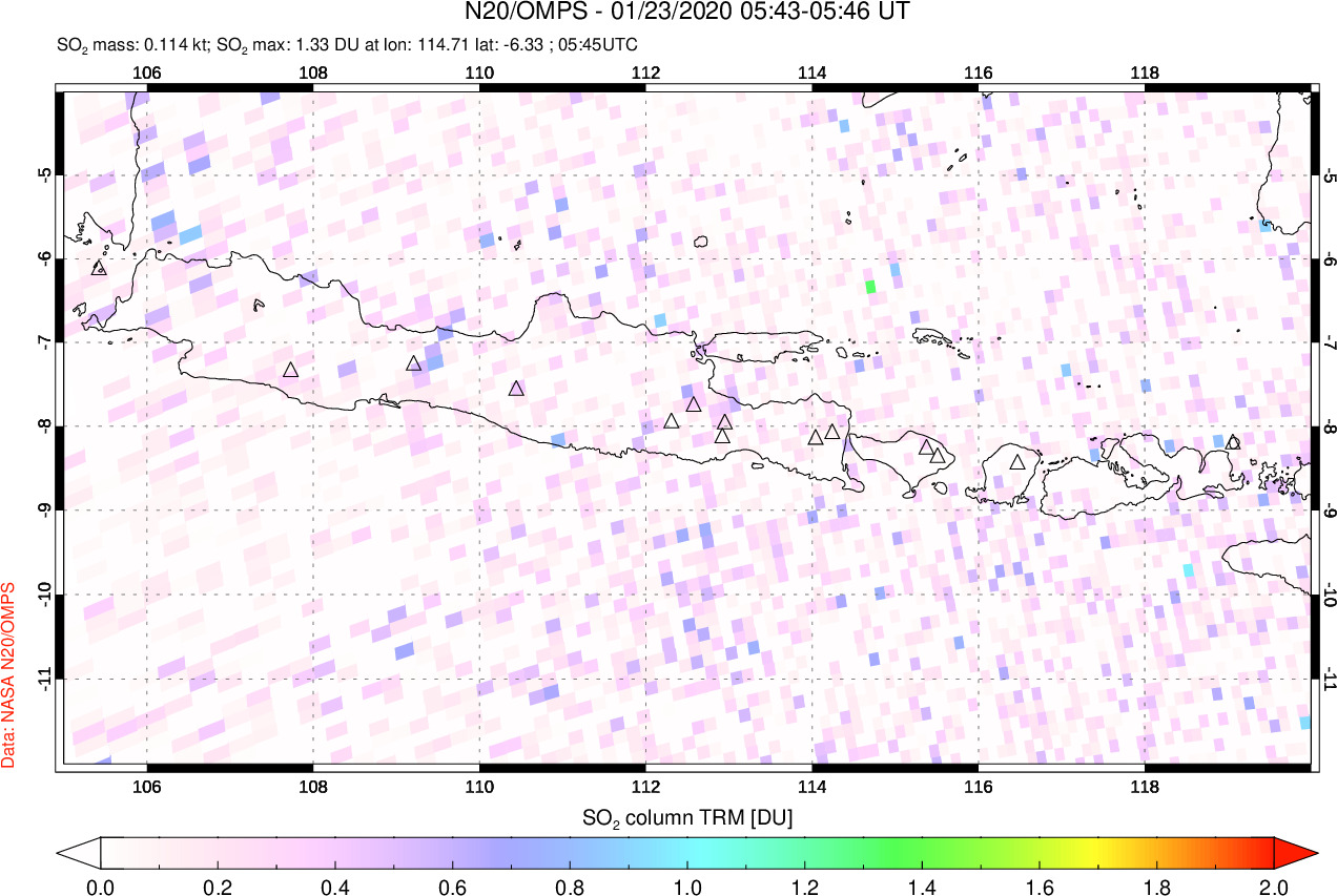 A sulfur dioxide image over Java, Indonesia on Jan 23, 2020.