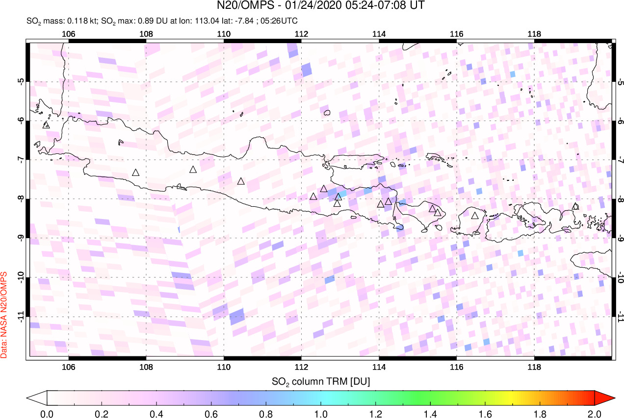 A sulfur dioxide image over Java, Indonesia on Jan 24, 2020.