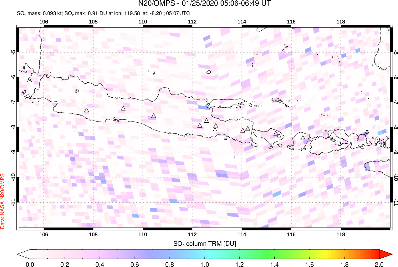 A sulfur dioxide image over Java, Indonesia on Jan 25, 2020.