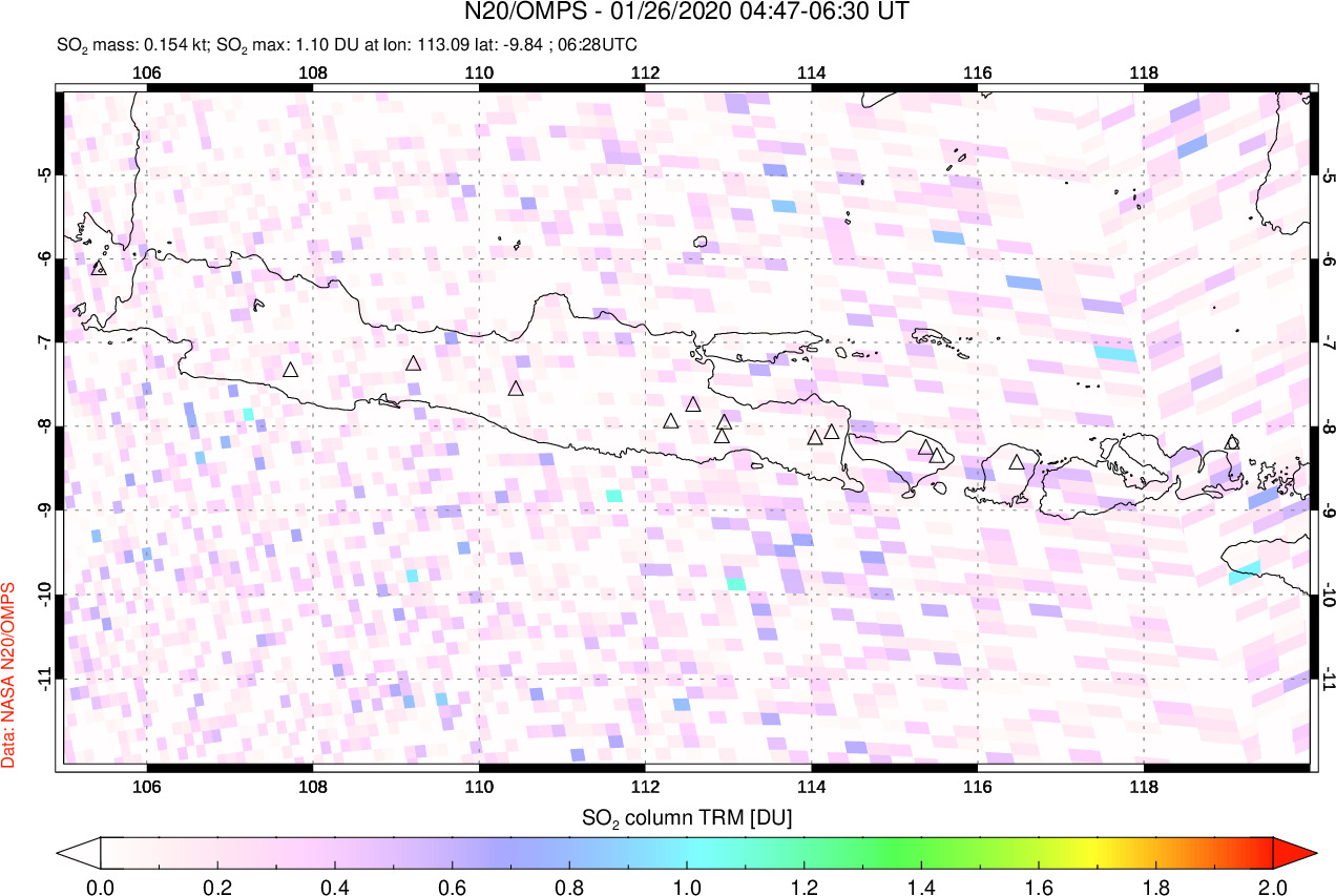 A sulfur dioxide image over Java, Indonesia on Jan 26, 2020.