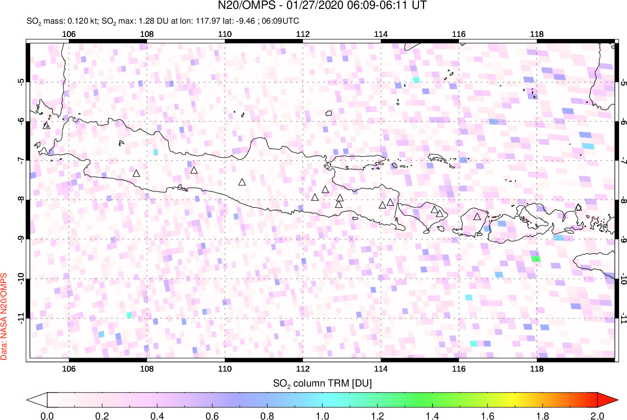 A sulfur dioxide image over Java, Indonesia on Jan 27, 2020.