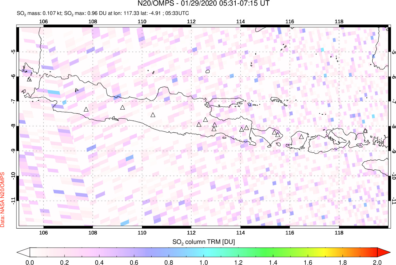 A sulfur dioxide image over Java, Indonesia on Jan 29, 2020.