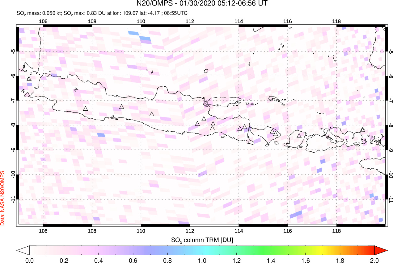 A sulfur dioxide image over Java, Indonesia on Jan 30, 2020.