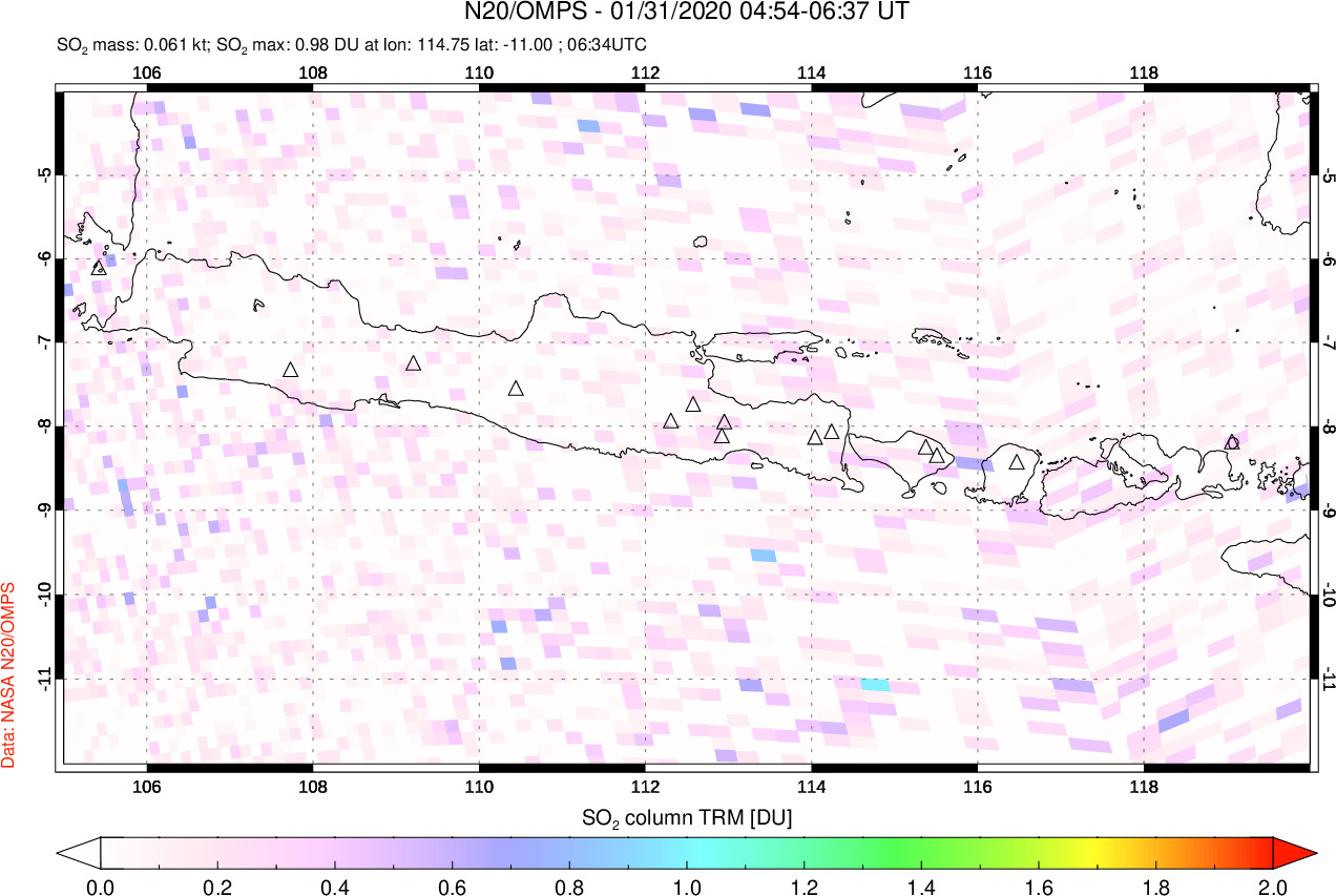 A sulfur dioxide image over Java, Indonesia on Jan 31, 2020.
