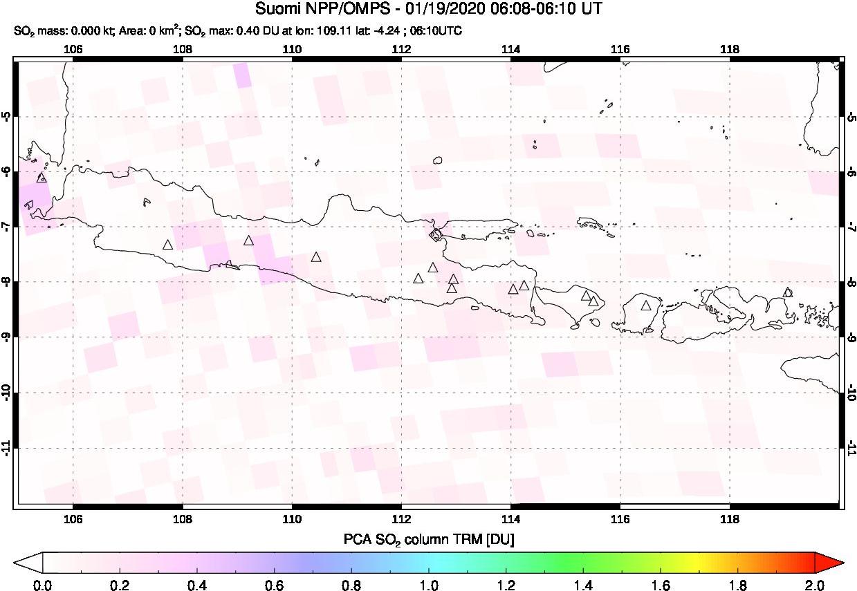 A sulfur dioxide image over Java, Indonesia on Jan 19, 2020.