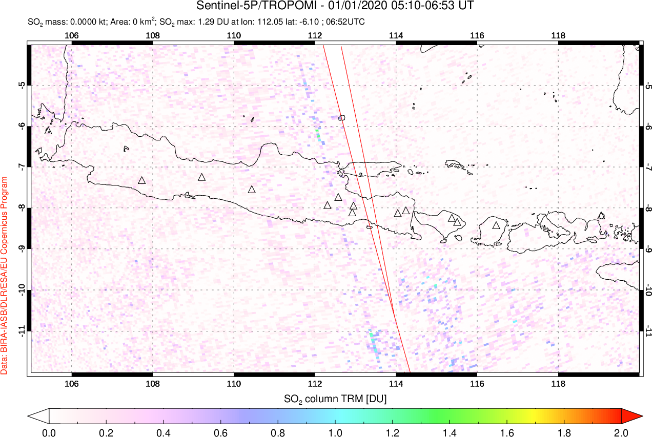 A sulfur dioxide image over Java, Indonesia on Jan 01, 2020.