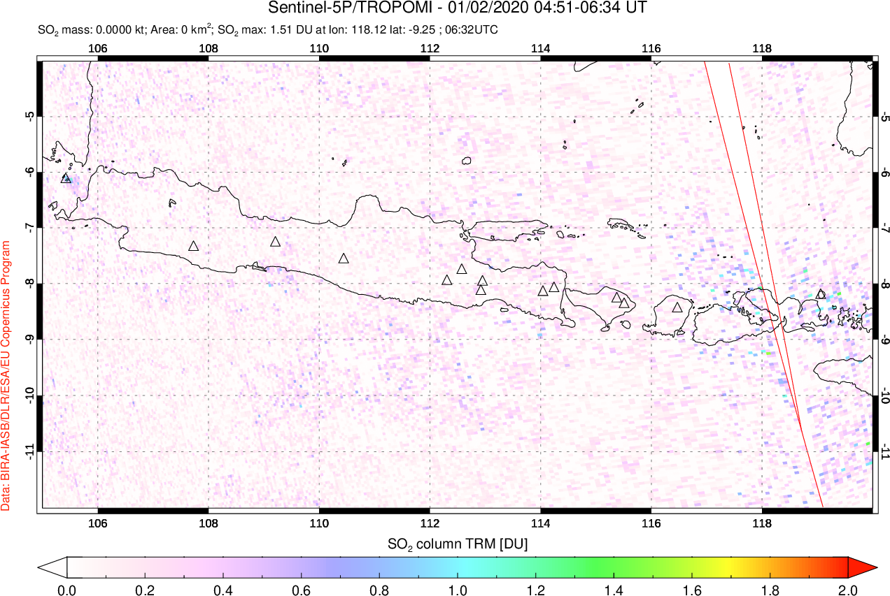 A sulfur dioxide image over Java, Indonesia on Jan 02, 2020.