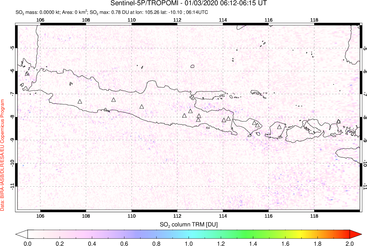 A sulfur dioxide image over Java, Indonesia on Jan 03, 2020.