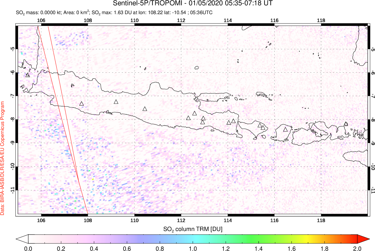 A sulfur dioxide image over Java, Indonesia on Jan 05, 2020.
