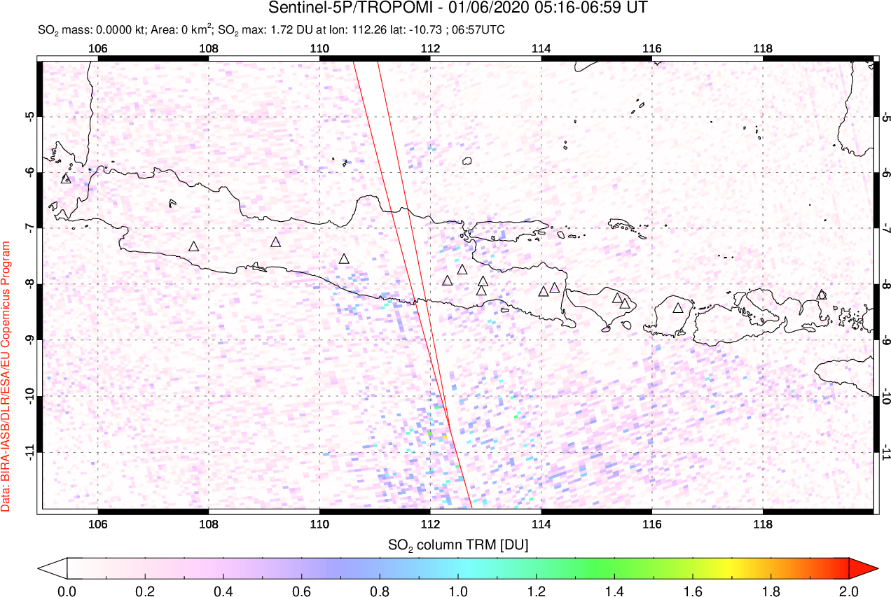 A sulfur dioxide image over Java, Indonesia on Jan 06, 2020.