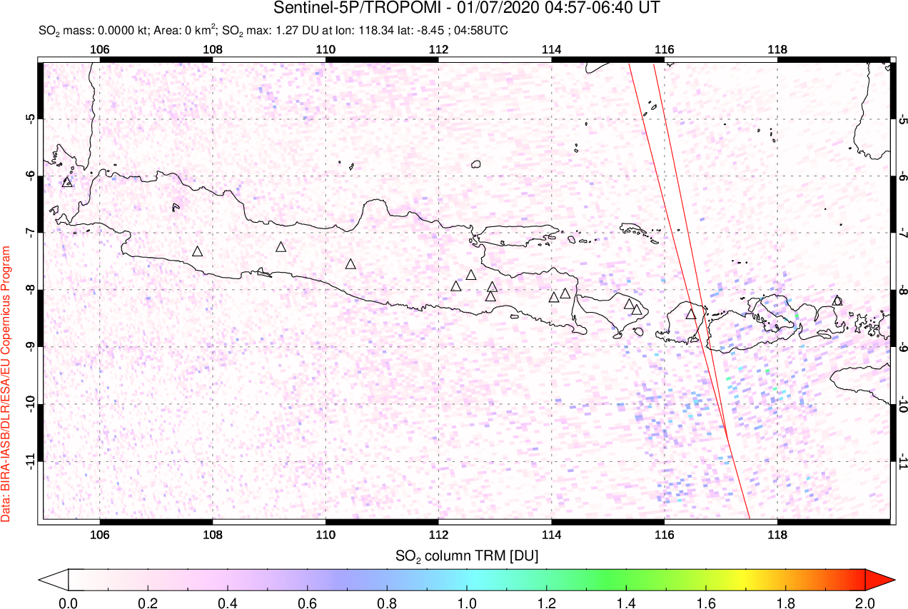 A sulfur dioxide image over Java, Indonesia on Jan 07, 2020.