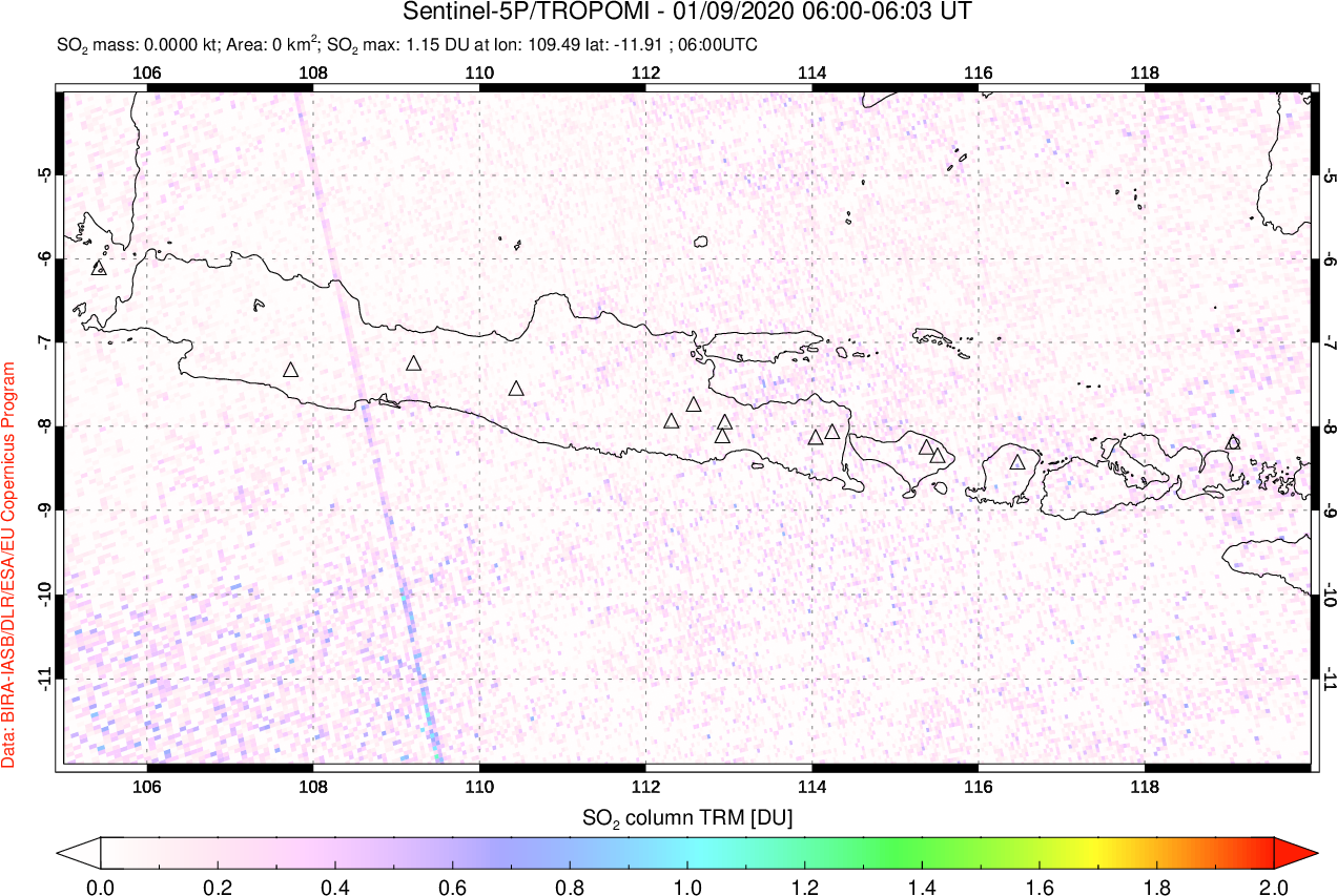 A sulfur dioxide image over Java, Indonesia on Jan 09, 2020.