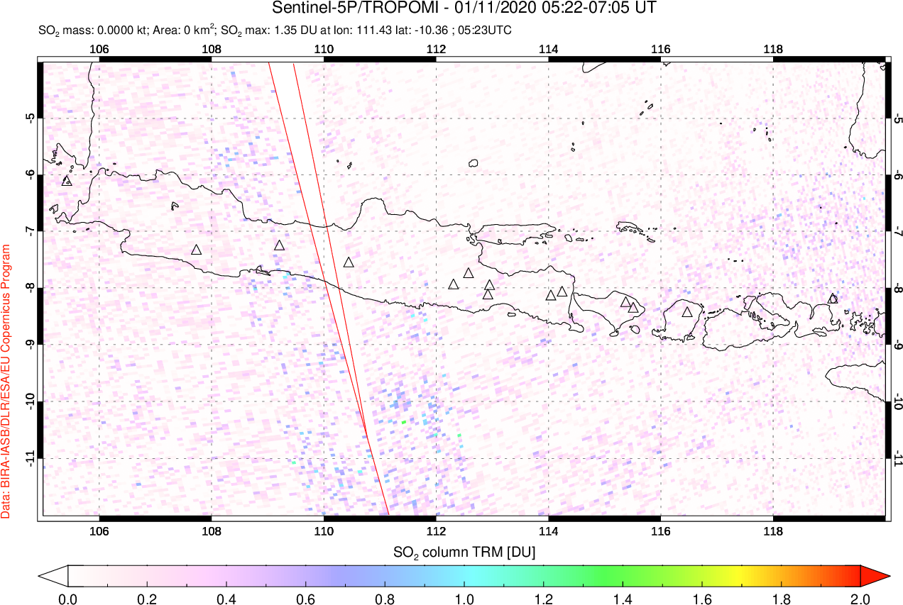 A sulfur dioxide image over Java, Indonesia on Jan 11, 2020.