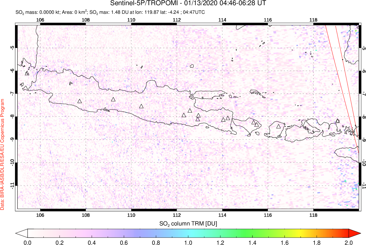 A sulfur dioxide image over Java, Indonesia on Jan 13, 2020.