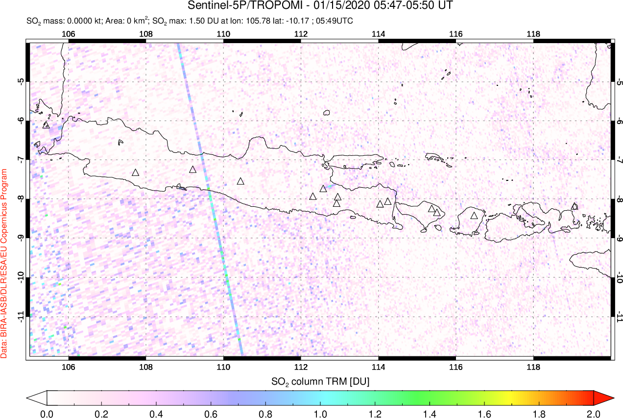 A sulfur dioxide image over Java, Indonesia on Jan 15, 2020.